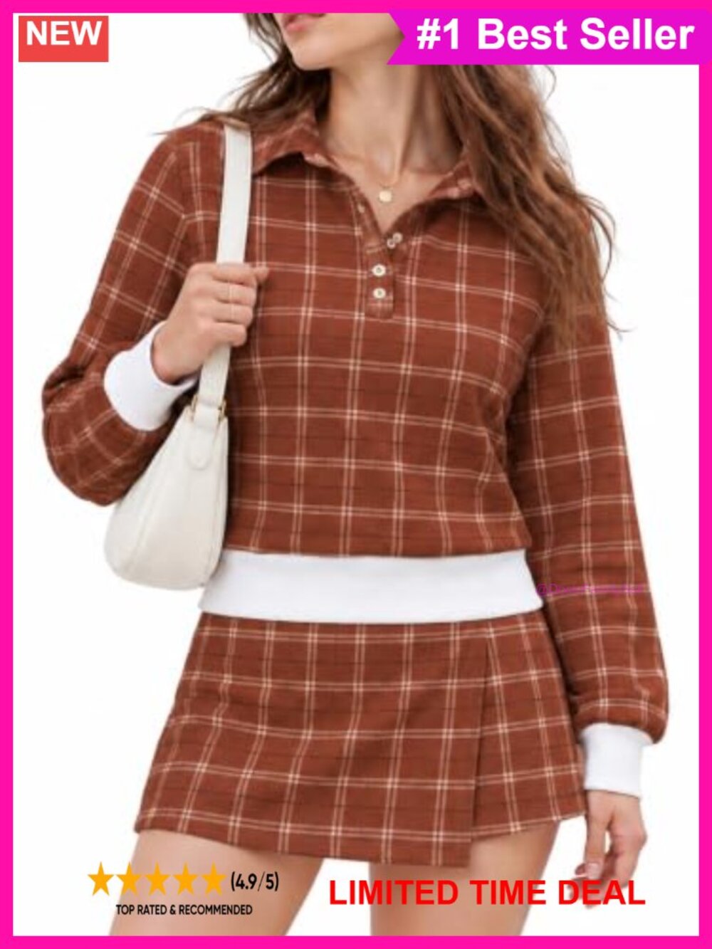 2 Piece Plaid Polo Collar Long Sleeve Sweatshirt & Mini Skirt Set
